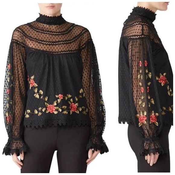 Saylor Mesh Swiss Dot Whimsigoth Delilah Embroidered Floral Sheer Blouse Small - Picture 12 of 12